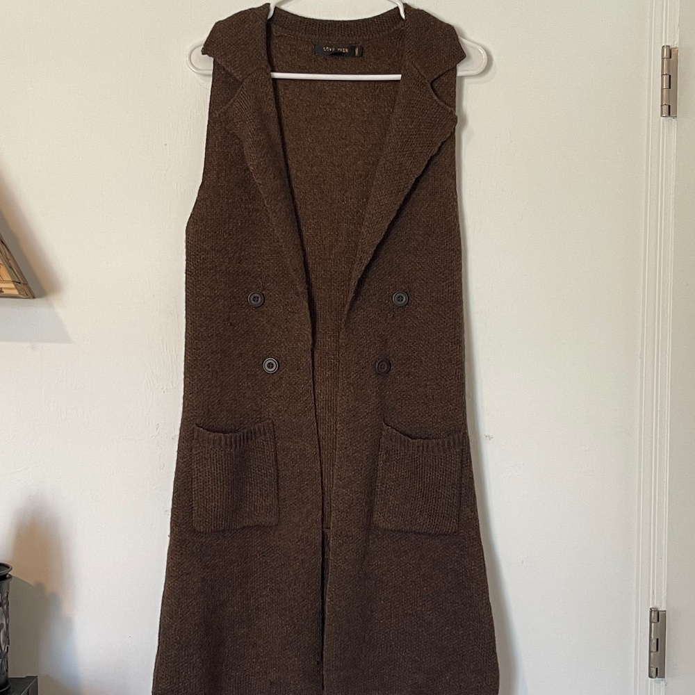 Love Tree Brown Sleeveless Knit Duster Cardigan Small Double Breasted Vest